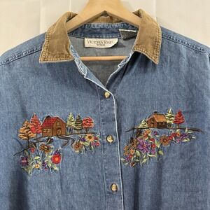 Vtg Victoria Jones Woman 24 Jean Shirt Denim Embroidered Fall Corduroy Collar